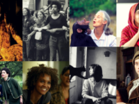 Mosaico de imagens de filmes e documentários sobre mulheres reais: Elizabeth, She’s Beautiful When She’s Angry, Jane’s Journey, Malala, Temple Grandin, Flor do Deserto, Maya Lin: A Strong Clear Vision e Olga