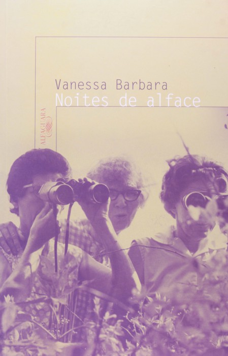 Capa do livro Noites de Alface, com três mulheres mais velhas observando algo com binóculos. 