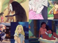Colagem com cenas de filmes de animação com protagonismo feminino: A Viagem de Chihiro, O Conto da Princesa Kaguya, As Memórias de Marnie, Lilo & Stitch, Zootopia e A Viagem para Agartha.