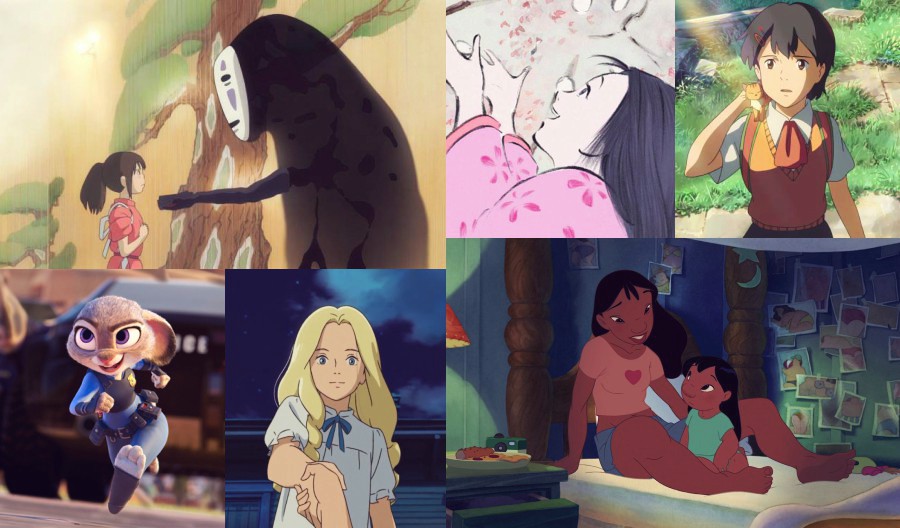 Colagem com cenas de filmes de animação com protagonismo feminino: A Viagem de Chihiro, O Conto da Princesa Kaguya, As Memórias de Marnie, Lilo & Stitch, Zootopia e A Viagem para Agartha.
