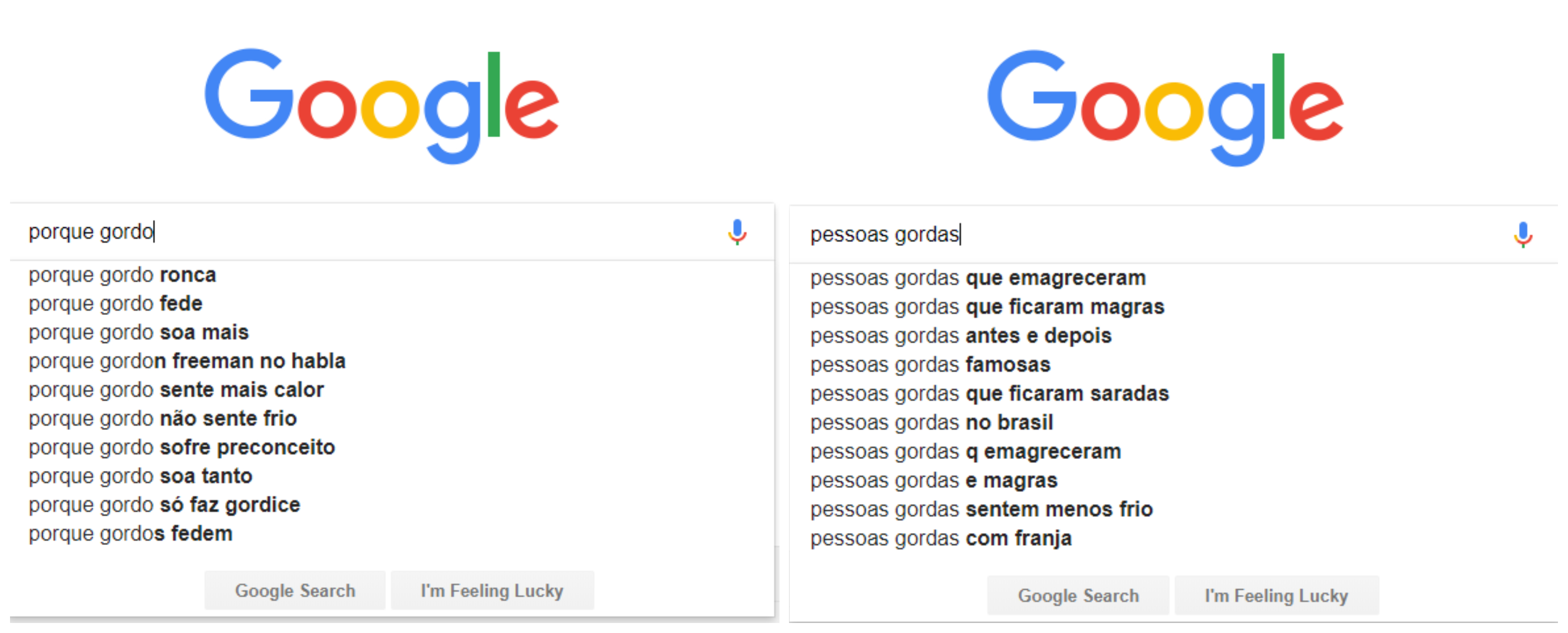 Gordofobia x Pressão estética: Sugestões de buscas no Google para "por que gordo" e "pessoas gordas"
