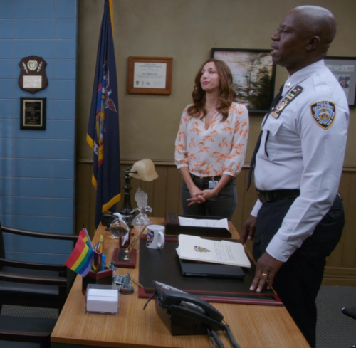 Bandeira LGBT decorando a mesa do capitão Holt, na série Brooklyn Nine-Nine