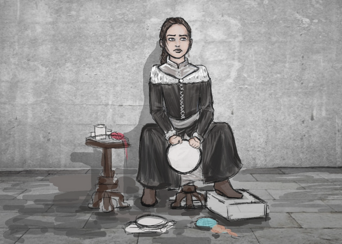 Ilustração de Arya Stark bordando, por Amanda Sessim.