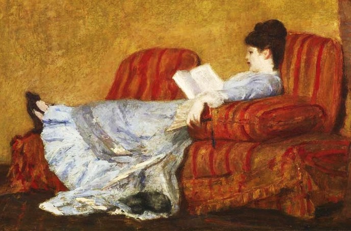 Pintura de mulher lendo no sofá