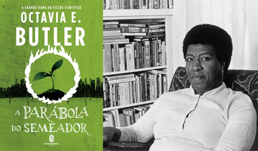 O livro A Parábola do Semeador ao lado de foto antiga da escritora Octavia Butler.