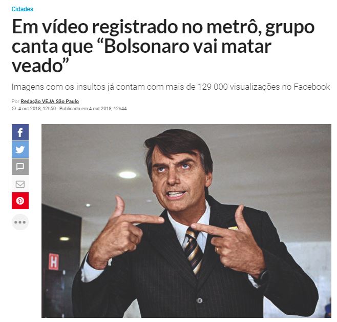 Print de notícia da Veja sobre o grupo de eleitores do Bolsonaro que cantou "Bolsonaro vai matar viado" no metrô de São Paulo.